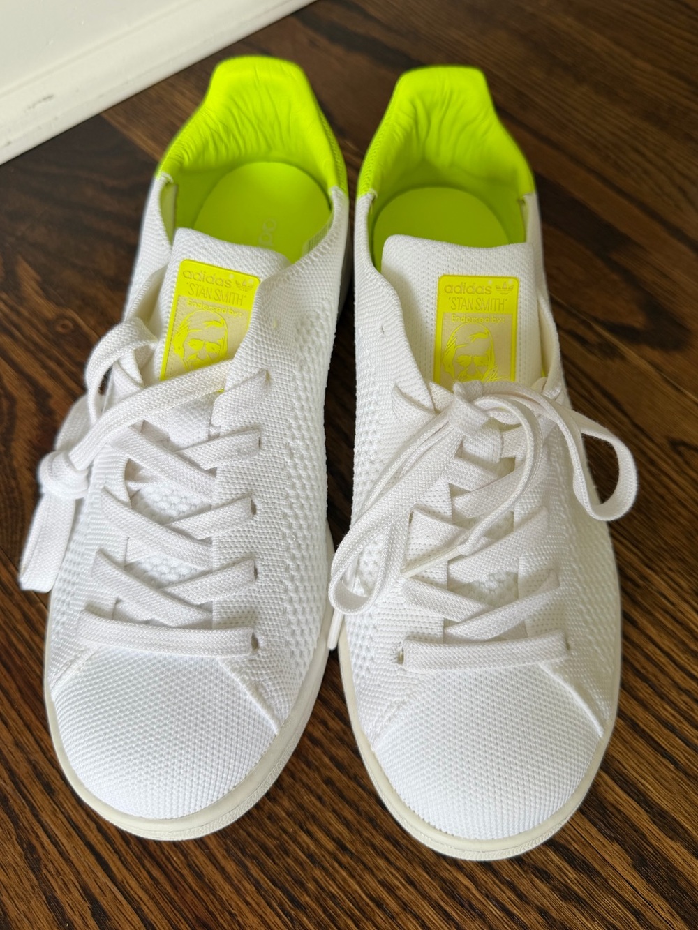 adidas White Women's Knit Sneakers with Neon Yellow Interior